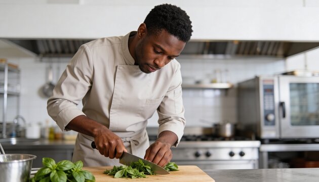 Black male chef chopping fresh basil leaves on a wooden board. Professional cook preparing ingredients in a commercial kitchen. Culinary arts and food preparation concept