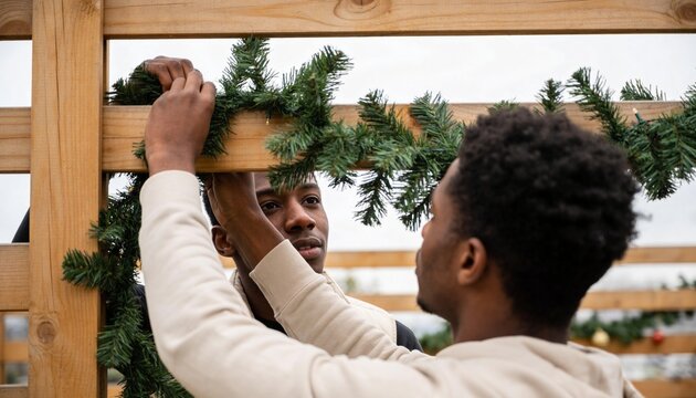 Two young Black men decorating a wooden pergola with a pine garland. Friends hanging Christmas decorations outdoors. Holiday preparation and teamwork concept