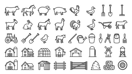 Fototapeta premium Farm icons set, rural life and agriculture symbols