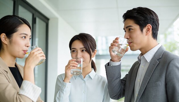 Asian business professionals drinking water in a modern office. Group of young colleagues having a refreshment break. Workplace wellness and hydration concept