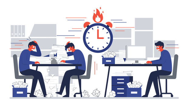 Three busy office workers feeling stressed and working hard under a burning alarm clock showing a tight deadline.