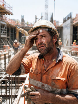 Exhausted Construction Worker Wiping Sweat Off Forehead on Busy Building Site During Hot Day