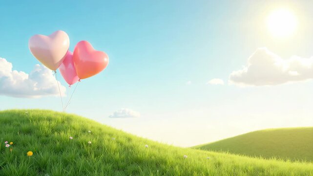 Romantic scene with heart balloons floating on a sunny day.