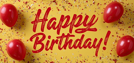 Obraz premium Bright yellow background with red birthday lettering, colorful balloons, and confetti creating a joyful party vibe.