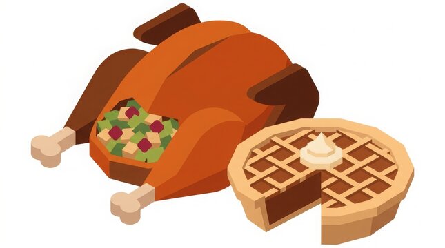 Food - Vector illustration of cooked Thanksgiving turkey and pie