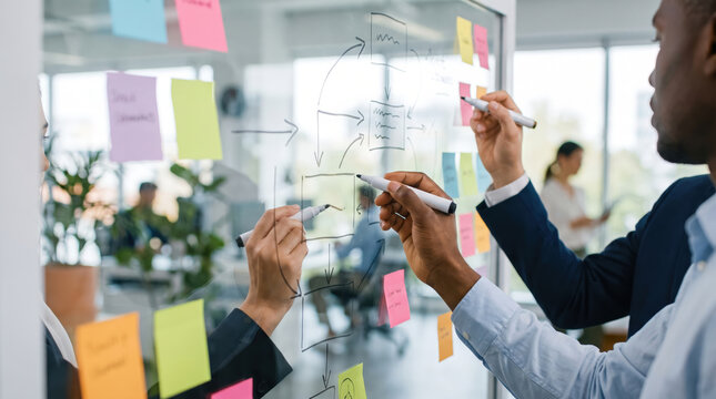Group collaborates in office with sticky notes and whiteboard during work session