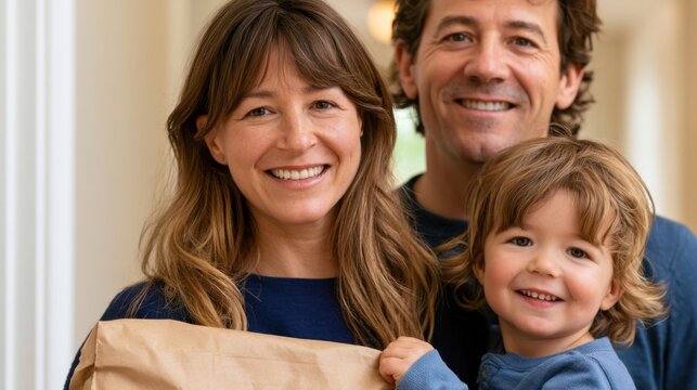 Family of three smiling together in a hallway, holding a brown paper bag, with soft lighting and neutral-colored walls creating a warm atmosphere