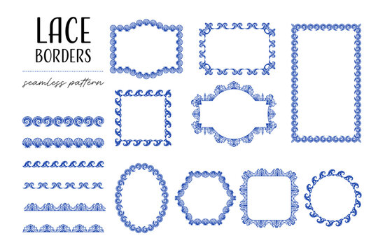 Marine lace frame set has blue coral shell ocean coastal border motifs