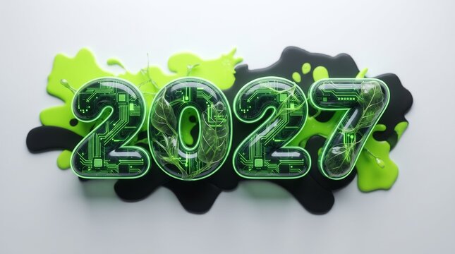 Futuristic 2027 New Year typography, 3D glass numbers with green circuit board textures, creative tech concept for annual reports and digital trends