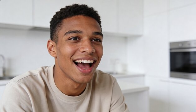 Smiling young Black man laughing in a modern kitchen. Happy African American male adult with joyful expression at home. Portrait of cheerful person in bright domestic interior
