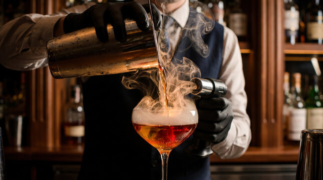 Bartender preparing a cocktail with smoke in a bar during evening hours