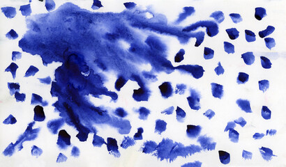 Fototapeta premium Abstract blue watercolor painting with fluid brush strokes and scattered paint splash marks. Texture background for artistic design project, wallpaper, and creative digital decoration.
