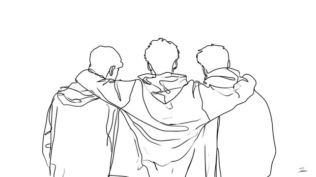 Three friends standing together with arms around each other minimalist continuous line drawing design