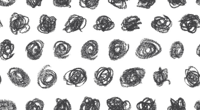 Seamless pattern hand drawn black messy chaotic scribble lines. Charcoal or pencil sketches decorative, brush freehand doodle scribbles on a white bg art canvas. Scribble circles seamless pattern.