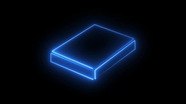 Glowing blue neon isometric box outline animation on black background