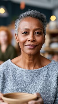 Mature African American woman with short gray hair holding a ceramic bowl, seated in a cozy cafe with blurred background elements and warm lighting