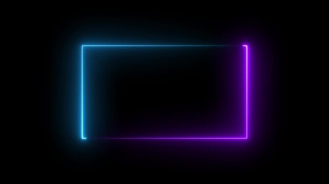 Neon glowing rectangular frame with moving blue and purple light border on black background. 4k video animation .