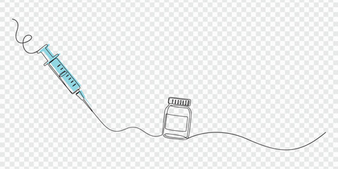 Obraz premium One continuous line drawing of medicine set with syringe and vial. Pharmaceutical components and vaccine symbol in simple linear style. Editable stroke. Doodle contour vector illustration