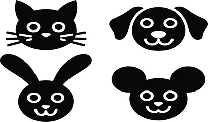 Obraz premium Cute Animal Face Icon Set with Cat Dog Rabbit and Mouse Silhouettes Isolated on White Background