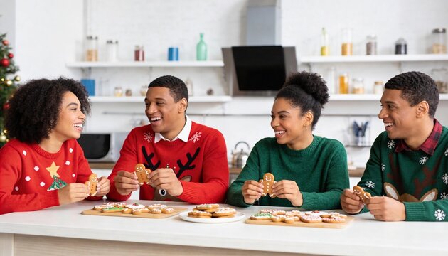 Group of friends in festive Christmas sweaters holding gingerbread cookies in a kitchen. Happy young Black people celebrating holidays together. Festive baking and togetherness concept