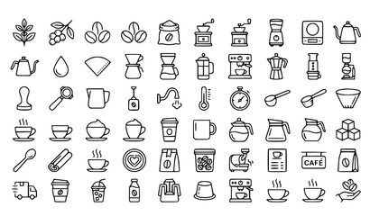 Fototapeta premium Coffee Making Process Line Icon Set with Beans Grinder Brewing and Cup Vector