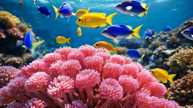 Colorful tropical coral reef with vibrant marine fish swimming in clear blue ocean water