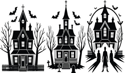 Fototapeta premium Halloween Haunted House Silhouette Collection with Creepy Mansions Bats and Graveyard Isolated on White Background