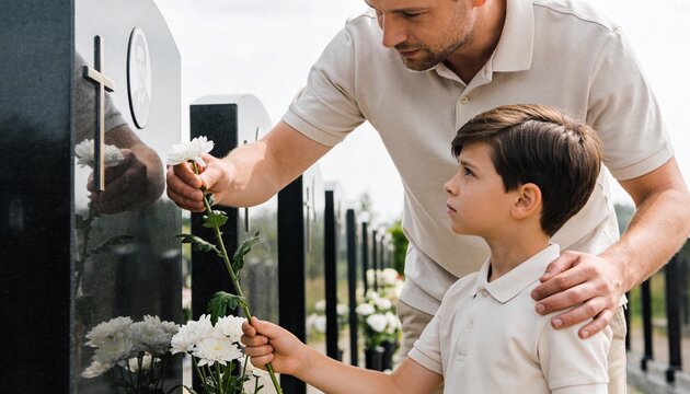 Father and son placing white flowers on a tombstone in a cemetery. A moment of remembrance and grief. Family mourning a loss