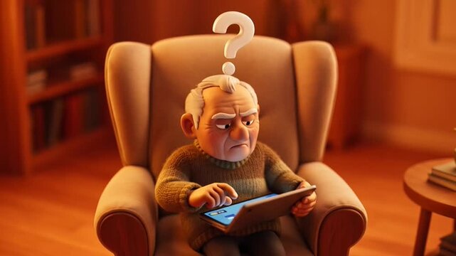 Elderly man struggling to use a digital tablet in his living room.