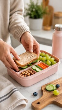 Woman preparing a healthy lunch box with sandwich, grapes, carrots, cucumbers, and nuts on a kitchen countertop with a water bottle and plants in the background