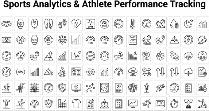 A collection of various sports analytics and athlete performance tracking icons on a clean white background