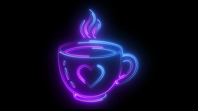 Neon coffee cup with heart symbol glowing animation on black background. 4k video animation.
