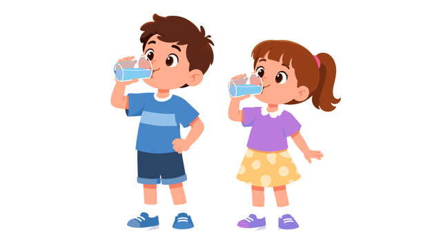 Cartoon boy and girl drinking water from clear glasses
