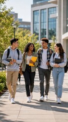 Fototapeta premium Diverse group of four students walking together on a university campus, carrying books and folders, with modern buildings and greenery in the background