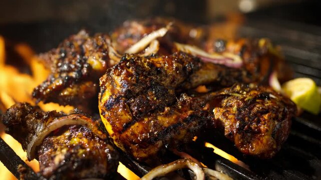Grilled chicken pieces sizzle on a hot grill. Onions and lime add flavor to the cooking. Flames flicker beneath the seasoned meat. Juicy, charred pieces show perfect grill marks