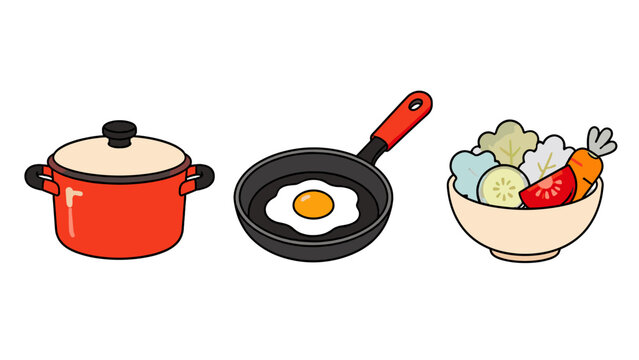 Vector set of cooking pot, frying pan with egg, and salad bowl