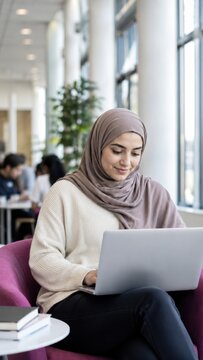 Female student wearing a hijab sits in a pink chair using a laptop in a modern study area with large windows and greenery in the background