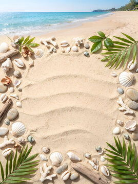Tropical beach sand frame with seashells and palm leaves summer background