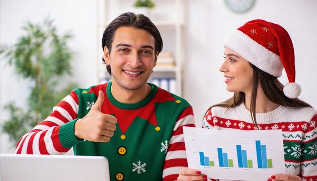 Smiling man in festive sweater giving thumbs up in office. Woman in Santa hat holding business charts and graphs. Year-end financial report success and holiday workplace concept