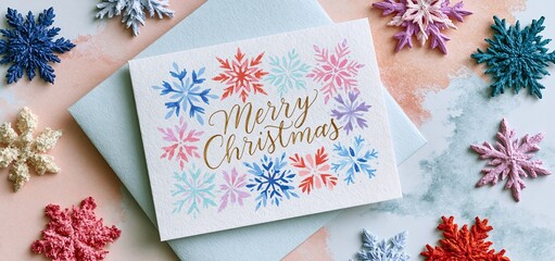 Obraz premium Festive greeting card with elegant handwritten lettering and colorful snowflake illustrations on a pastel background.