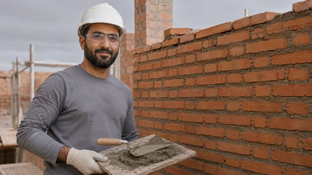 Construction worker wearing a hard hat and safety glasses holds a trowel with mortar in front of a brick wall under construction at a building site