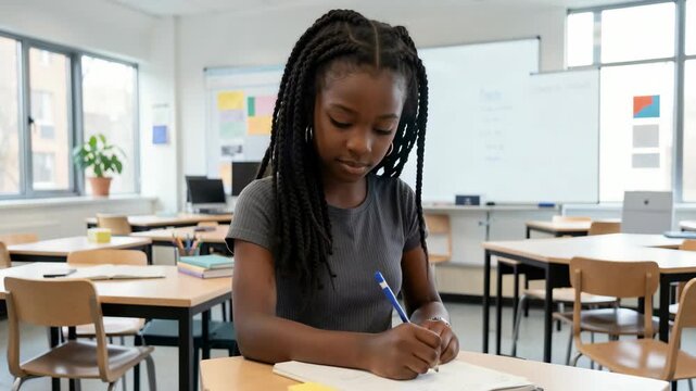 Inquisitive female student focusing on assignment in classroom