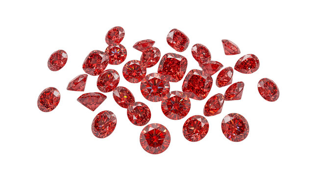 Sparkling red diamonds scattered on white background, group of brilliant cut ruby gemstones, luxury jewelry crystals for fashion design