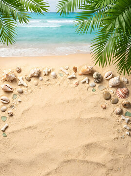 Tropical beach with seashells and palm leaves summer background