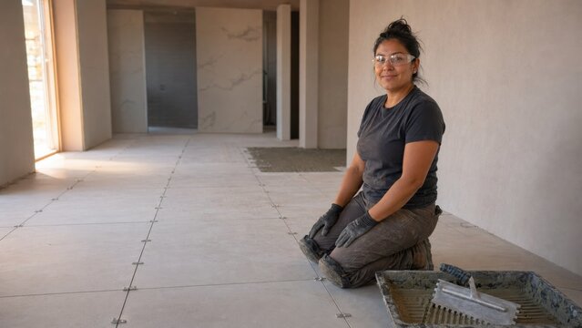 Construction worker kneeling on floor tiles in a modern interior space, wearing gloves and safety glasses, with a trowel and tray visible nearby