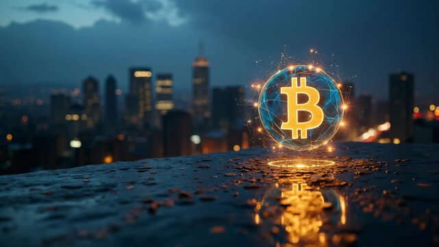 Illuminating the Bitcoin logo against a night sky with city buildings in background symbolizes global impact of cryptocurrency.