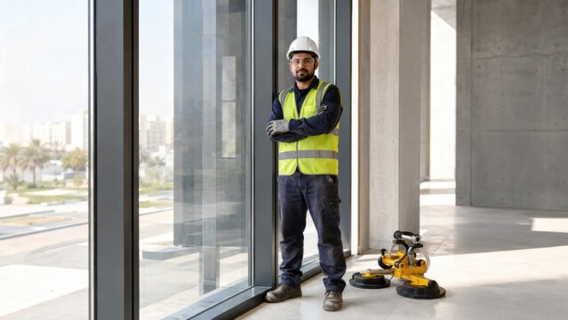 Construction worker wearing safety helmet and reflective vest stands confidently near large windows in a modern building under construction with tools on the floor