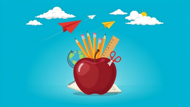 Red apple with school supplies and flying kites