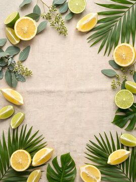 Tropical citrus fruits and palm leaves frame summer background