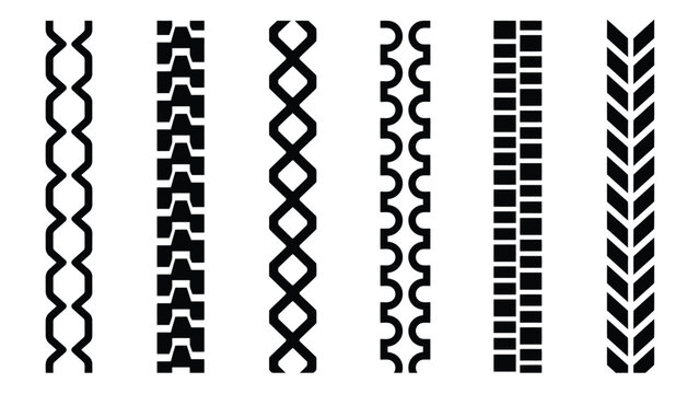 Colecci&oacute;n de seis patrones diferentes de banda de rodadura de neum&aacute;ticos en blanco y negro